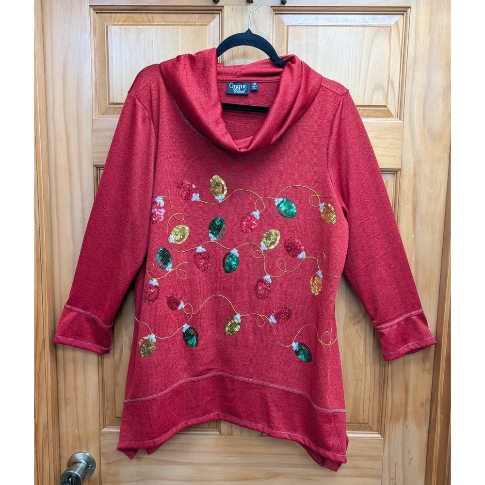 Onque Casual Women's 1X Holiday Sweater Cowl Neck Sequins Christmas Tunic